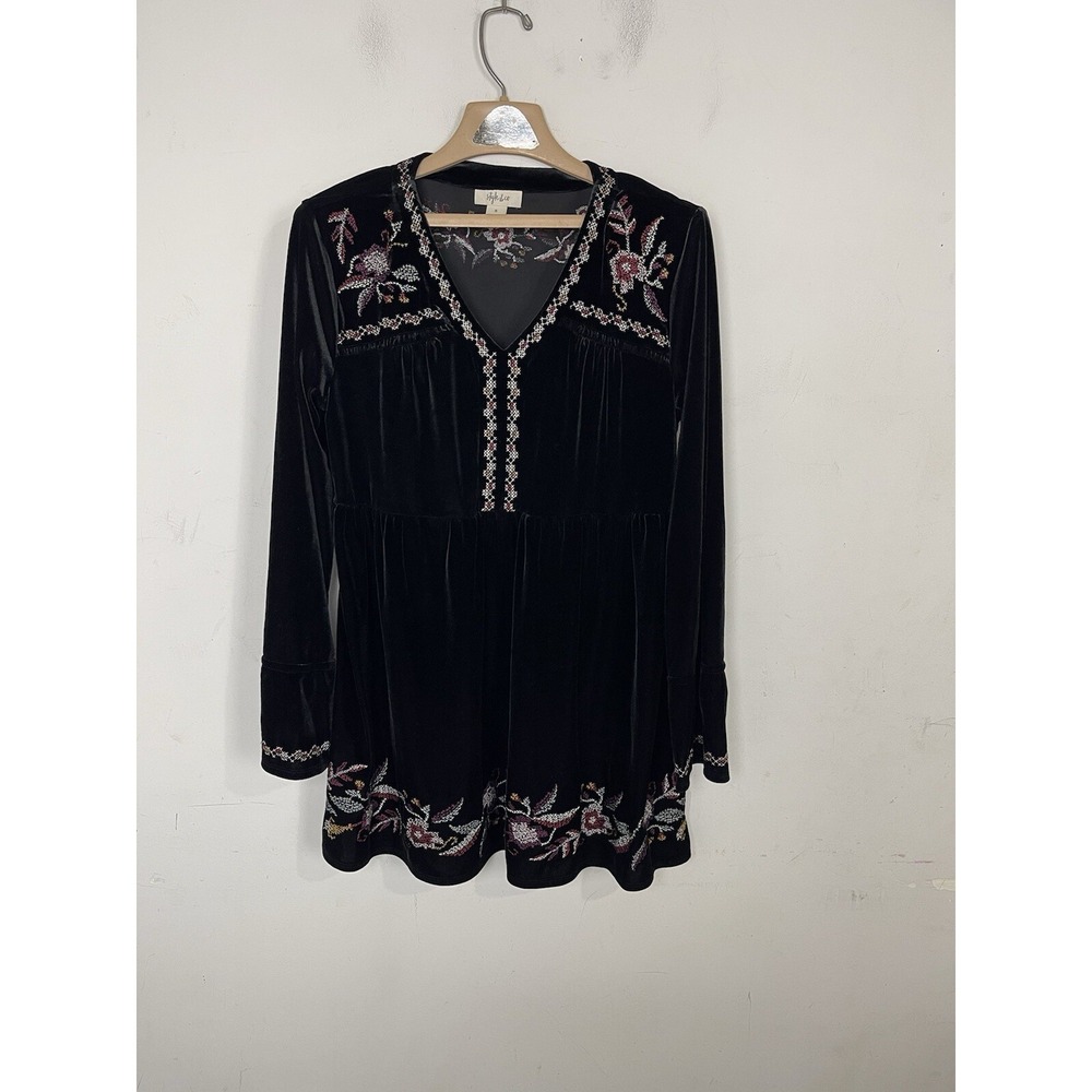 Style‎ & Co Womens Shirt Small Black Velvet Fairy Boho Peasant Baby Doll Gothic